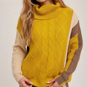 HEM & THREAD Mustard Brown Cream Colorblock Turtleneck Sweater, Chunky Cable